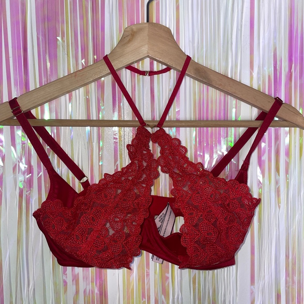 Victoria's Secret Red Lace Bra with Halter Gold Heart and Adjustable Straps